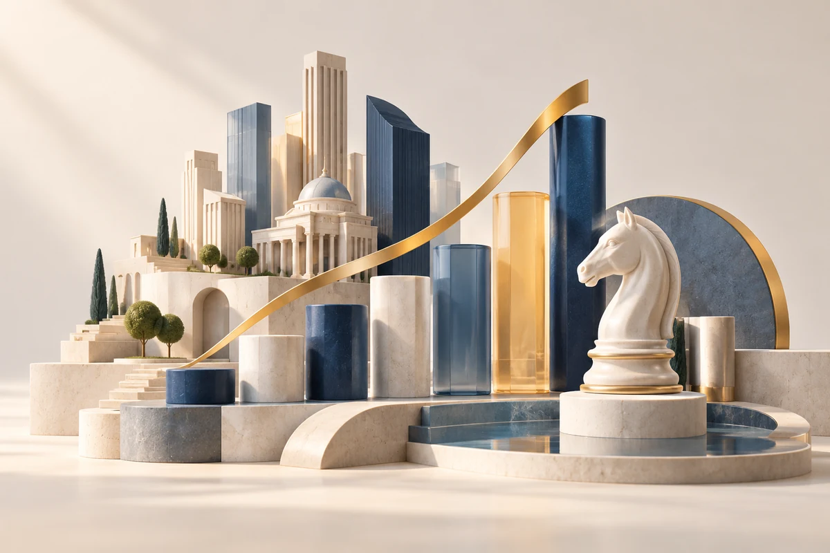 Illustration of a miniature city of data columns with a gold ribbon and a chess knight