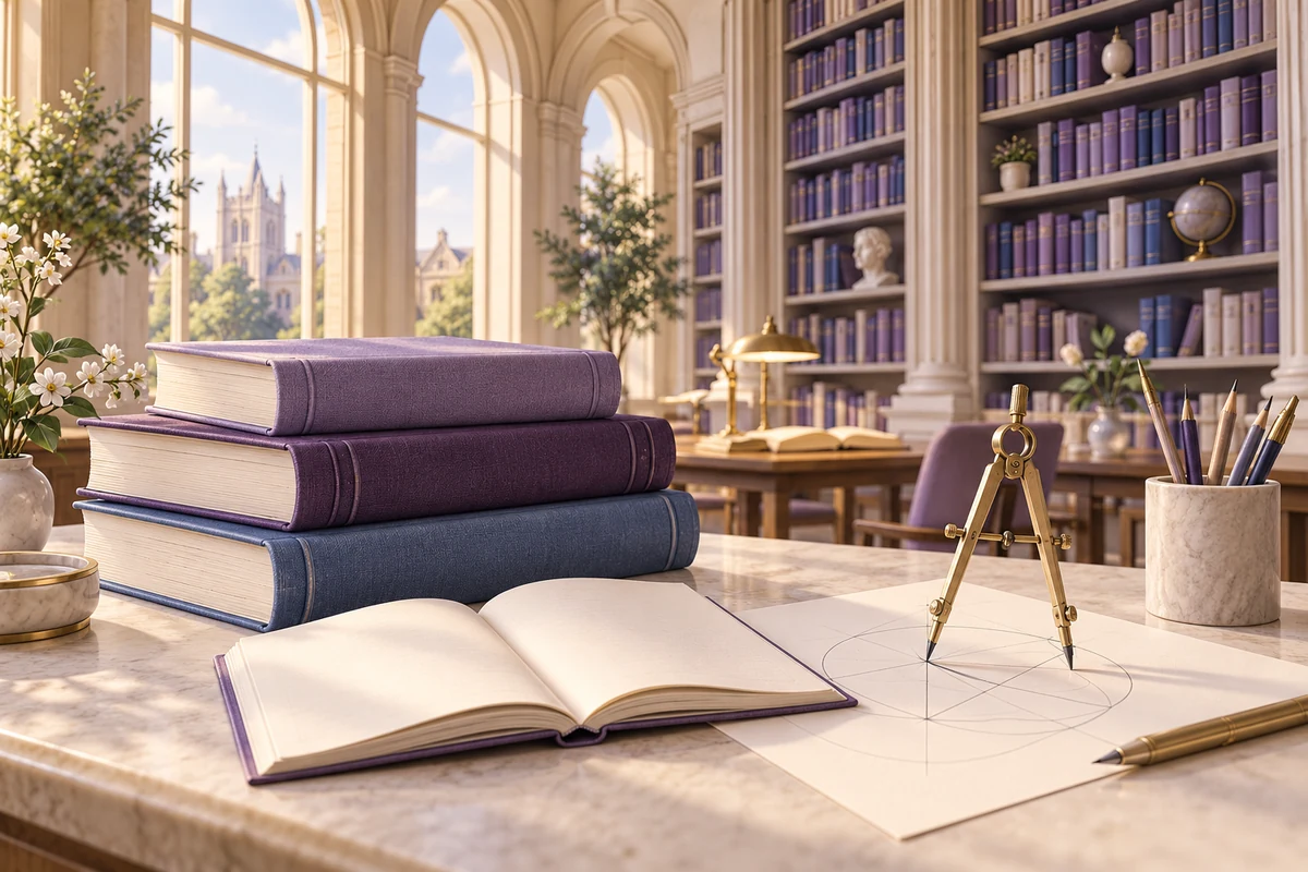 Illustration of a university library with stacked books, an open book and a compass