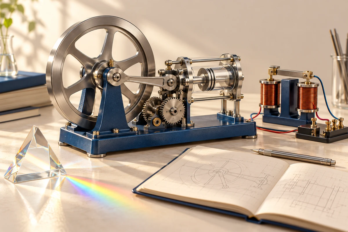 Illustration of a metal flywheel and crank mechanism, a coil, a prism and an open notebook