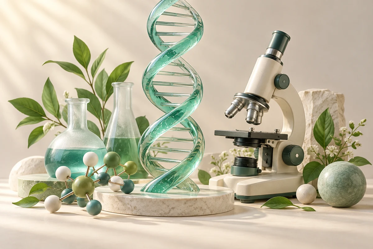 Illustration of a glass DNA helix, a microscope, flasks and a molecular model