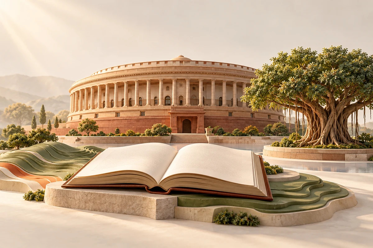 Illustration of a miniature Parliament-style building, a banyan tree and an open book