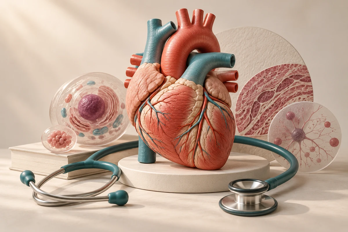 Illustration of a teaching heart model, a stethoscope and cell discs